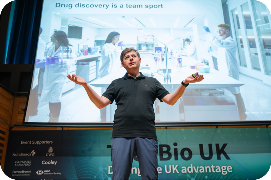 Philippe Marc, Chief of Staff and Head Data & Digital Office at Novartis, delivering the closing keynote at TechBio UK 2026