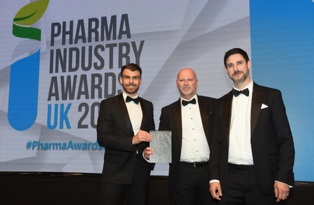 Micregen’s Ben Mellows and Rob Mitchell pictured receiving the Pharma Industry Award for the company's Secretomix® Platform from Chris Allcock (CBRE)