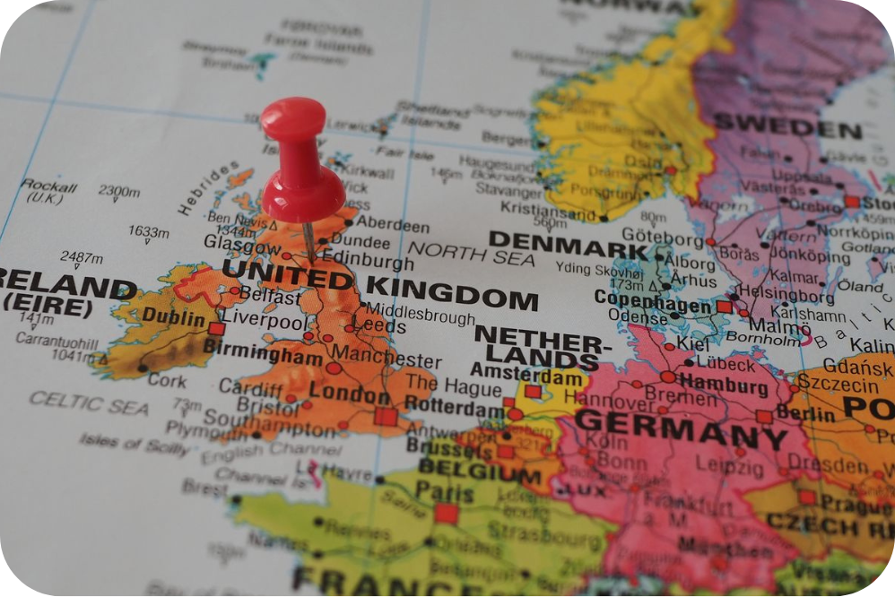 Map of the UK with a pin