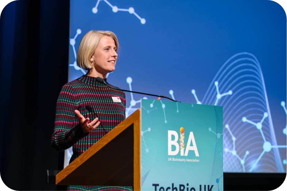 Emma Lawrence, Head of Data Tech Policy and Public Affairs at BIA, presenting at TechBio UK 2026