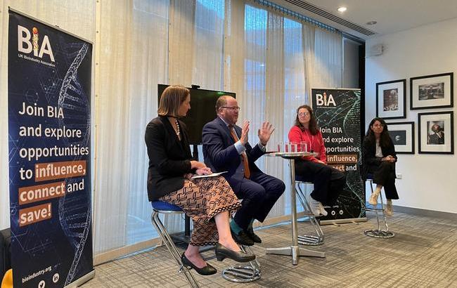 BIA panel at Conservative Party Conference featuring (L-R): Dr Virginia Corless (moa Technology), Science Minister George Freeman, Anna Dickinson (Onward) & Insiya Jafferjee (Shellworks)